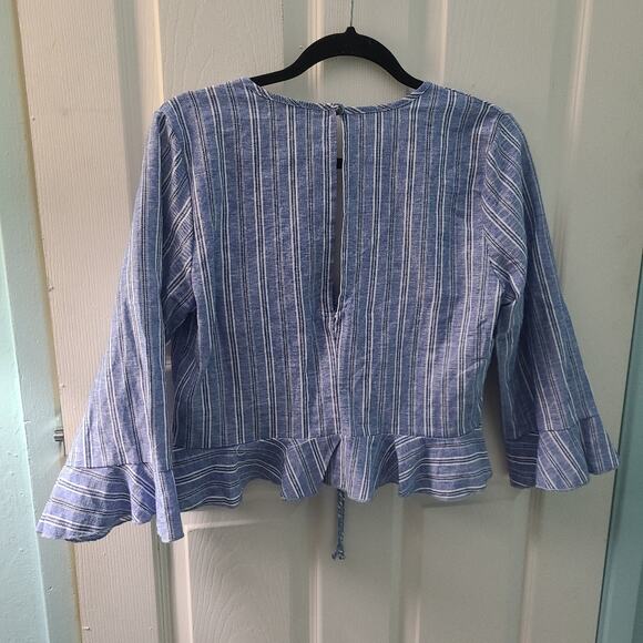 Spring Haze Womens Sz L Blue White Linen Blend Ruffle Pull String Top - Picture 2 of 6